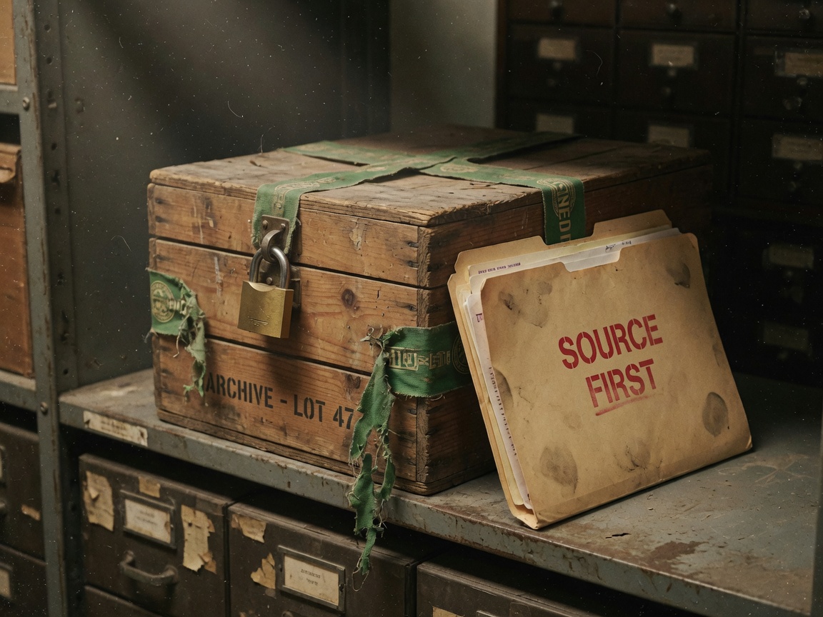 A crate wrapped in a torn license ribbon, one drawer padlocked, a source-first folder leaning against it.